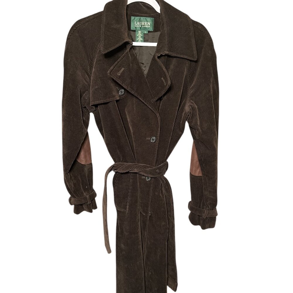 VINTAGE RALPH LAUREN CHOCOLATE BROWN CORDUROY TRENCH COAT LONG JACKET